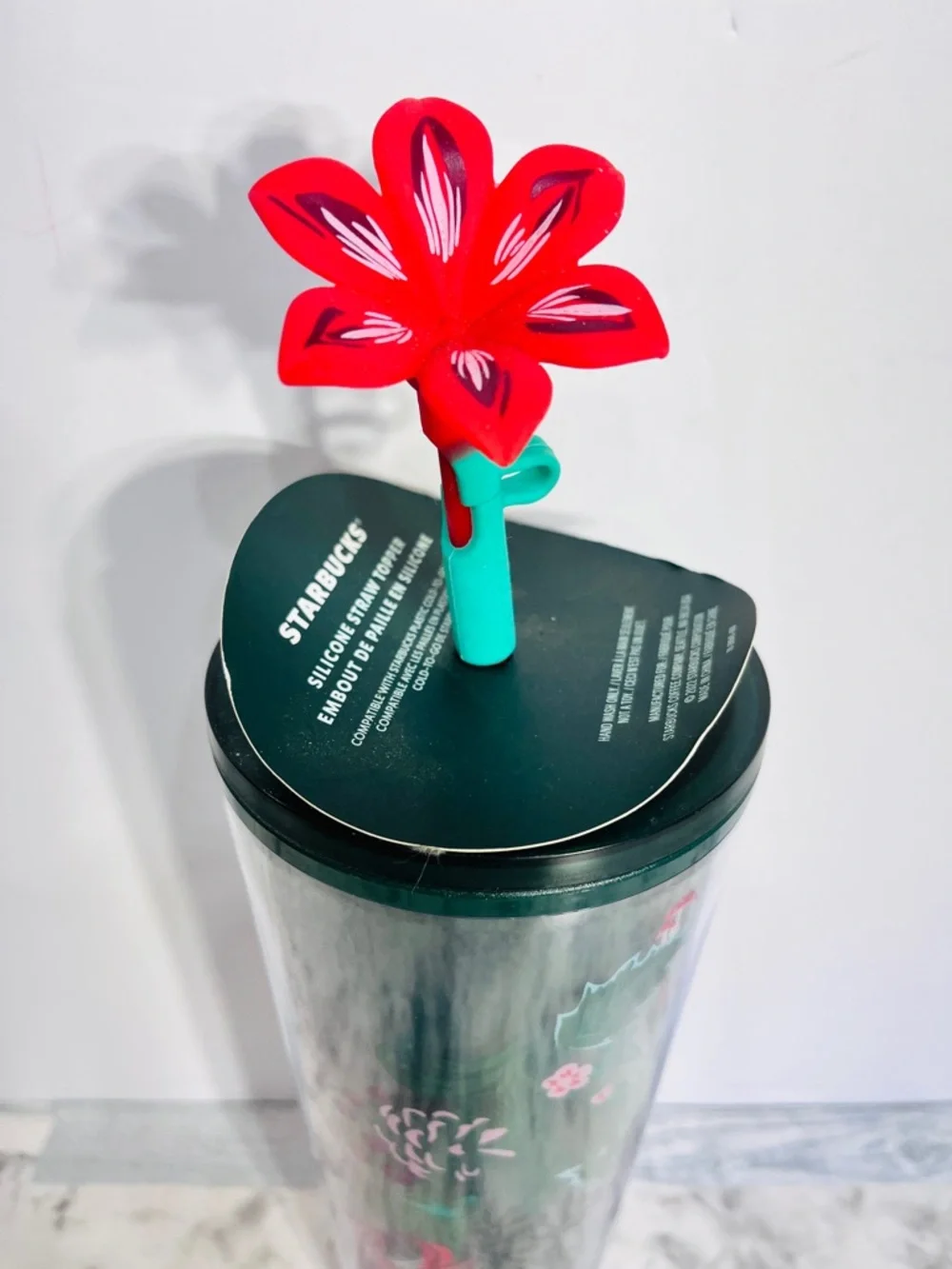 Starbucks Green Lid Cup Topper with Red Flower Straw